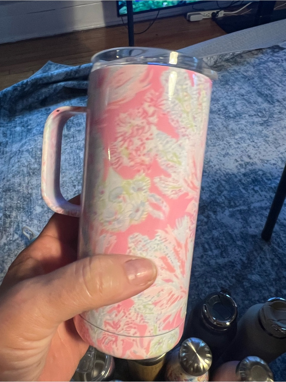 Pink Floral Travel Tumbler with Handle